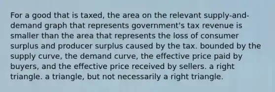 For a good that is taxed, the area on the relevant supply-and-demand graph that represents government's tax revenue is smaller than the area that represents the loss of consumer surplus and producer surplus caused by the tax. bounded by the supply curve, the demand curve, the effective price paid by buyers, and the effective price received by sellers. a right triangle. a triangle, but not necessarily a right triangle.