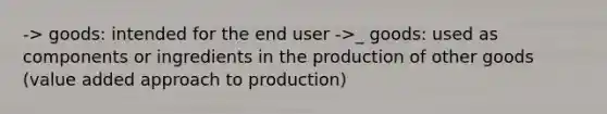 -> goods: intended for the end user ->_ goods: used as components or ingredients in the production of other goods (value added approach to production)