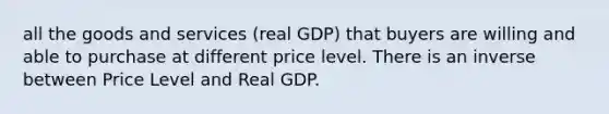 all the goods and services (real GDP) that buyers are willing and able to purchase at different price level. There is an inverse between Price Level and Real GDP.