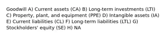 Goodwill A) Current assets (CA) B) Long-term investments (LTI) C) Property, plant, and equipment (PPE) D) Intangible assets (IA) E) Current liabilities (CL) F) Long-term liabilities (LTL) G) Stockholders' equity (SE) H) NA