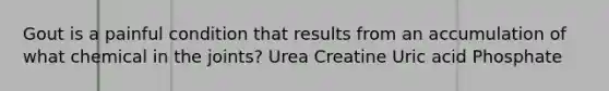 Gout is a painful condition that results from an accumulation of what chemical in the joints? Urea Creatine Uric acid Phosphate