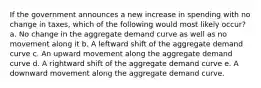 If the government announces a new increase in spending with no change in taxes, which of the following would most likely occur? a. No change in the aggregate demand curve as well as no movement along it b. A leftward shift of the aggregate demand curve c. An upward movement along the aggregate demand curve d. A rightward shift of the aggregate demand curve e. A downward movement along the aggregate demand curve.