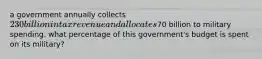 a government annually collects 230 billion in tax revenue and allocates70 billion to military spending. what percentage of this government's budget is spent on its military?