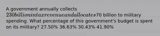 A government annually collects 230 billion in tax revenue and allocates70 billion to military spending. What percentage of this government's budget is spent on its military? 27.50% 36.63% 30.43% 41.90%