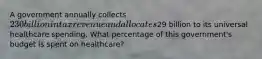 A government annually collects 230 billion in tax revenue and allocates29 billion to its universal healthcare spending. What percentage of this government's budget is spent on healthcare?