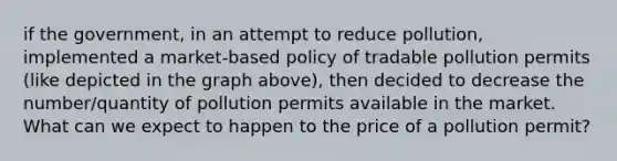 if the government, in an attempt to reduce pollution, implemented a market-based policy of tradable pollution permits (like depicted in the graph above), then decided to decrease the number/quantity of pollution permits available in the market. What can we expect to happen to the price of a pollution permit?