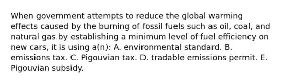 When government attempts to reduce the global warming effects caused by the burning of fossil fuels such as oil, coal, and natural gas by establishing a minimum level of fuel efficiency on new cars, it is using a(n): A. environmental standard. B. emissions tax. C. Pigouvian tax. D. tradable emissions permit. E. Pigouvian subsidy.