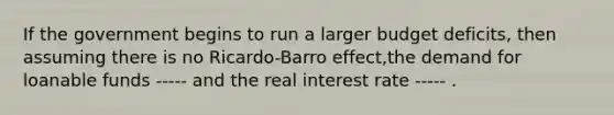 If the government begins to run a larger budget deficits, then assuming there is no Ricardo-Barro effect,the demand for loanable funds ----- and the real interest rate ----- .