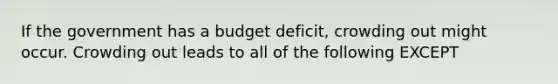 If the government has a budget deficit, crowding out might occur. Crowding out leads to all of the following EXCEPT