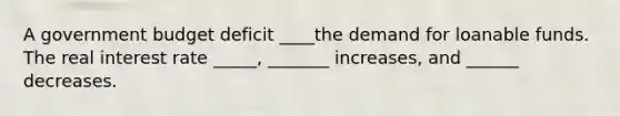 A government budget deficit ____the demand for loanable funds. The real interest rate _____, _______ increases, and ______ decreases.