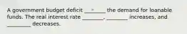 A government budget deficit ________ the demand for loanable funds. The real interest rate ________, ________ increases, and _________ decreases.