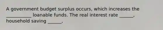 A government budget surplus​ occurs, which increases the ___________ loanable funds. The real interest rate​ ______, household saving​ ______,