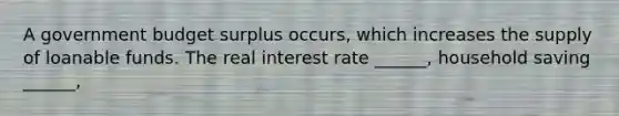 A government budget surplus​ occurs, which increases the supply of loanable funds. The real interest rate​ ______, household saving​ ______,