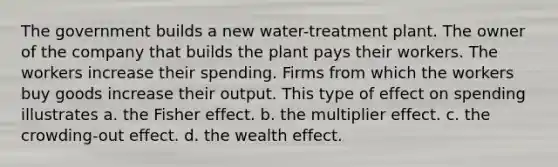 The government builds a new water-treatment plant. The owner of the company that builds the plant pays their workers. The workers increase their spending. Firms from which the workers buy goods increase their output. This type of effect on spending illustrates a. the Fisher effect. b. the multiplier effect. c. the crowding-out effect. d. the wealth effect.