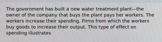 The government has built a new water treatment plant—the owner of the company that buys the plant pays her workers. The workers increase their spending. Firms from which the workers buy goods to increase their output. This type of effect on spending illustrates