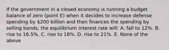 If the government in a closed economy is running a budget balance of zero (point E) when it decides to increase defense spending by 200 billion and then finances the spending by selling bonds, the equilibrium interest rate will: A. fall to 12%. B. rise to 16.5%. C. rise to 18%. D. rise to 21%. E. None of the above