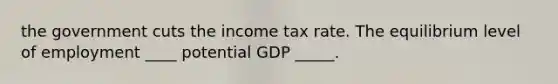 the government cuts the income tax rate. The equilibrium level of employment ____ potential GDP _____.