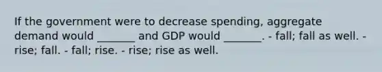 If the government were to decrease spending, aggregate demand would _______ and GDP would _______. - fall; fall as well. - rise; fall. - fall; rise. - rise; rise as well.