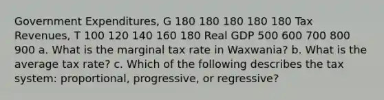 Government Expenditures, G 180 180 180 180 180 Tax Revenues, T 100 120 140 160 180 Real GDP 500 600 700 800 900 a. What is the marginal tax rate in Waxwania? b. What is the average tax rate? c. Which of the following describes the tax system: proportional, progressive, or regressive?