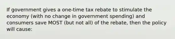 If government gives a one-time tax rebate to stimulate the economy (with no change in government spending) and consumers save MOST (but not all) of the rebate, then the policy will cause: