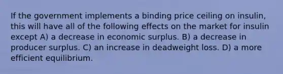 If the government implements a binding price ceiling on insulin, this will have all of the following effects on the market for insulin except A) a decrease in economic surplus. B) a decrease in producer surplus. C) an increase in deadweight loss. D) a more efficient equilibrium.