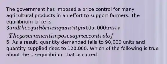 The government has imposed a price control for many agricultural products in an effort to support farmers. The equilibrium price is 3 and the equilibrium quantity is 105,000 units. The government imposes a price control of6. As a result, quantity demanded falls to 90,000 units and quantity supplied rises to 120,000. Which of the following is true about the disequilibrium that occurred: