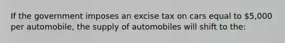 If the government imposes an excise tax on cars equal to 5,000 per automobile, the supply of automobiles will shift to the: