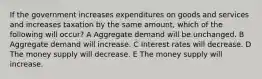 If the government increases expenditures on goods and services and increases taxation by the same amount, which of the following will occur? A Aggregate demand will be unchanged. B Aggregate demand will increase. C Interest rates will decrease. D The money supply will decrease. E The money supply will increase.