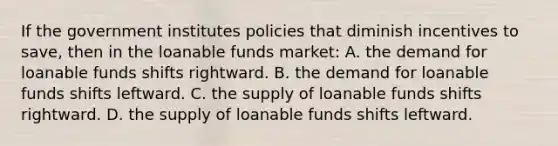 If the government institutes policies that diminish incentives to save, then in the loanable funds market: A. the demand for loanable funds shifts rightward. B. the demand for loanable funds shifts leftward. C. the supply of loanable funds shifts rightward. D. the supply of loanable funds shifts leftward.