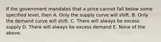 If the government mandates that a price cannot fall below some specified level, then A. Only the supply curve will shift. B. Only the demand curve will shift. C. There will always be excess supply D. There will always be excess demand E. None of the above.