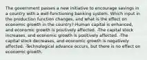 The government passes a new initiative to encourage savings in a country with a well-functioning banking system. Which input in the production function changes, and what is the effect on economic growth in the country?-Human capital is enhanced, and economic growth is positively affected. -The capital stock increases, and economic growth is positively affected. -The capital stock decreases, and economic growth is negatively affected. -Technological advance occurs, but there is no effect on economic growth.