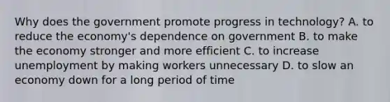 Why does the government promote progress in technology? A. to reduce the economy's dependence on government B. to make the economy stronger and more efficient C. to increase unemployment by making workers unnecessary D. to slow an economy down for a long period of time