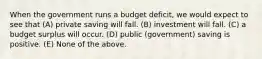 When the government runs a budget deficit, we would expect to see that (A) private saving will fall. (B) investment will fall. (C) a budget surplus will occur. (D) public (government) saving is positive. (E) None of the above.