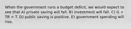 When the government runs a budget deficit, we would expect to see that A) private saving will fall. B) investment will fall. C) G + TR < T. D) public saving is positive. E) government spending will rise.