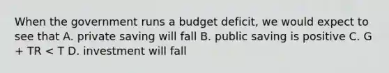 When the government runs a budget deficit, we would expect to see that A. private saving will fall B. public saving is positive C. G + TR < T D. investment will fall