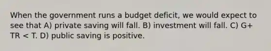 When the government runs a budget deficit, we would expect to see that A) private saving will fall. B) investment will fall. C) G+ TR < T. D) public saving is positive.