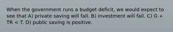 When the government runs a budget deficit, we would expect to see that A) private saving will fall. B) investment will fall. C) G + TR < T. D) public saving is positive.