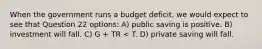 When the government runs a budget deficit, we would expect to see that Question 22 options: A) public saving is positive. B) investment will fall. C) G + TR < T. D) private saving will fall.