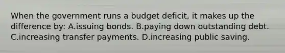 When the government runs a budget deficit, it makes up the difference by: A.issuing bonds. B.paying down outstanding debt. C.increasing transfer payments. D.increasing public saving.