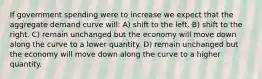 If government spending were to increase we expect that the aggregate demand curve will: A) shift to the left. B) shift to the right. C) remain unchanged but the economy will move down along the curve to a lower quantity. D) remain unchanged but the economy will move down along the curve to a higher quantity.