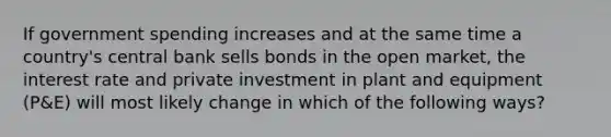 If government spending increases and at the same time a country's central bank sells bonds in the open market, the interest rate and private investment in plant and equipment (P&E) will most likely change in which of the following ways?