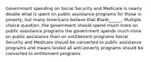 Government spending on Social Security and Medicare is nearly double what is spent on public assistance programs for those in poverty, but many Americans believe that Blank______. Multiple choice question. the government should spend much more on public assistance programs the government spends much more on public assistance than on entitlement programs Social Security and Medicare should be converted to public assistance programs and means tested all anti-poverty programs should be converted to entitlement programs