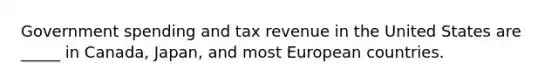 Government spending and tax revenue in the United States are _____ in Canada, Japan, and most European countries.