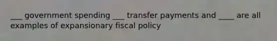 ___ government spending ___ transfer payments and ____ are all examples of expansionary fiscal policy