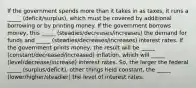 If the government spends more than it takes in as taxes, it runs a _____ (deficit/surplus), which must be covered by additional borrowing or by printing money. If the government borrows money, this _____ (steadies/decreases/increases) the demand for funds and _____ (steadies/decreases/increases) interest rates. If the government prints money, the result will be _____ (constant/decreased/increased) inflation, which will _____ (level/decrease/increase) interest rates. So, the larger the federal _____ (surplus/deficit), other things held constant, the _____ (lower/higher/steadier) the level of interest rates.