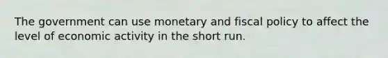 The government can use monetary and fiscal policy to affect the level of economic activity in the short run.