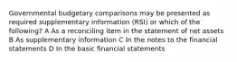 Governmental budgetary comparisons may be presented as required supplementary information (RSI) or which of the following? A As a reconciling item in the statement of net assets B As supplementary information C In the notes to the financial statements D In the basic financial statements