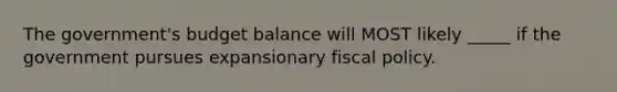 The government's budget balance will MOST likely _____ if the government pursues expansionary fiscal policy.