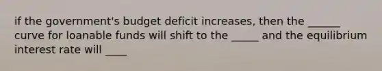 if the government's budget deficit increases, then the ______ curve for loanable funds will shift to the _____ and the equilibrium interest rate will ____