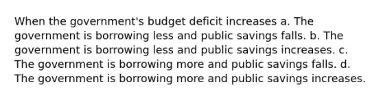 When the government's budget deficit increases a. The government is borrowing less and public savings falls. b. The government is borrowing less and public savings increases. c. The government is borrowing more and public savings falls. d. The government is borrowing more and public savings increases.